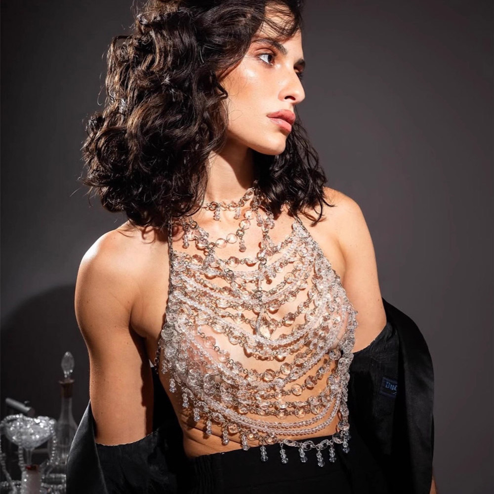 Body Jewelry Vest - El Yapımı Boncuklu Yelek Şeffaf Kristal
